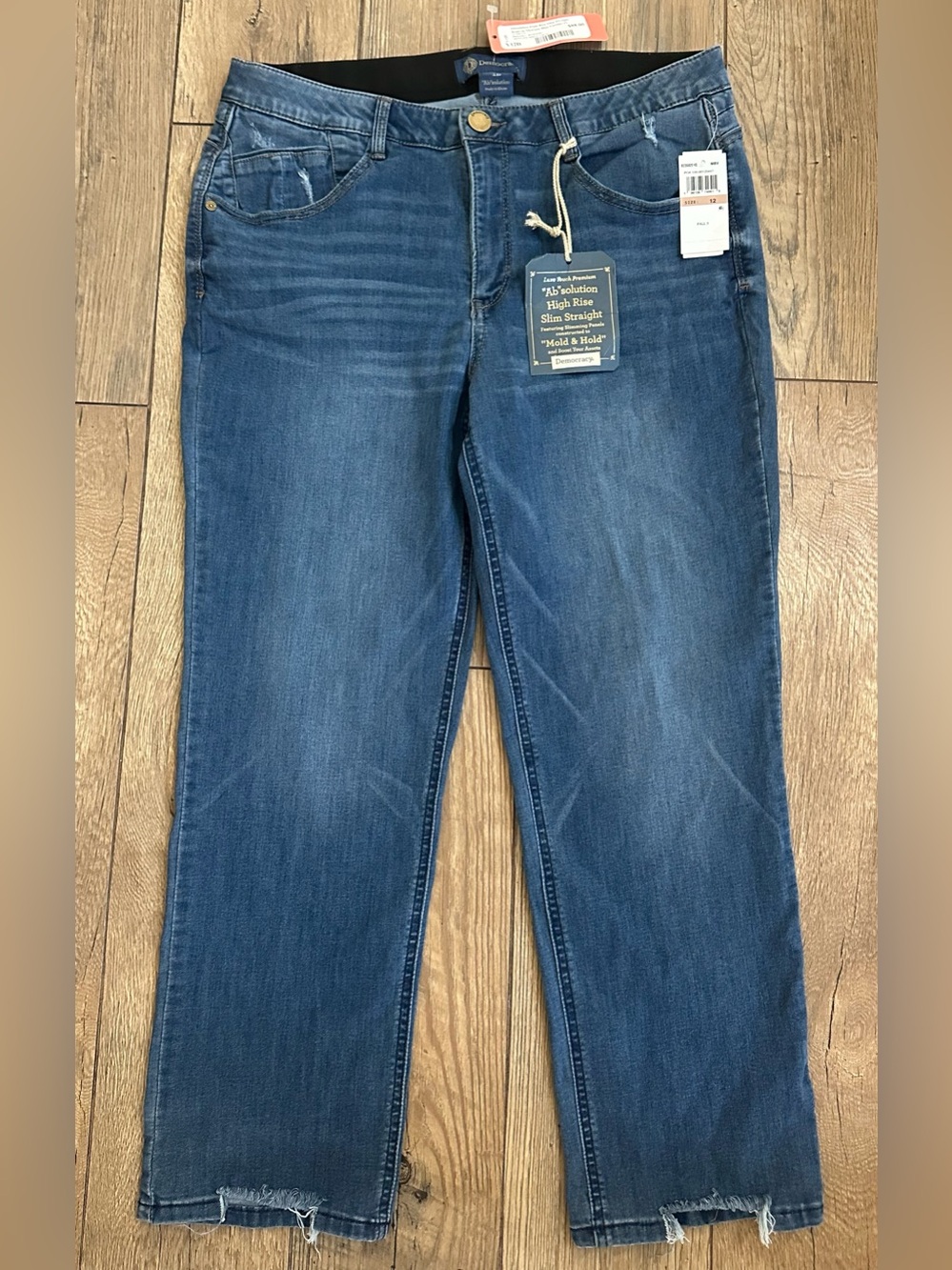 NWT Democracy “Ab”Solution High Rise Straight 12 Fray Hem Distressed Med Blue